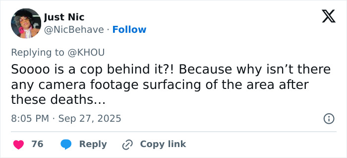 Tweet questioning lack of camera footage after multiple deaths in Houston amid fears of serial criminal activity rise.