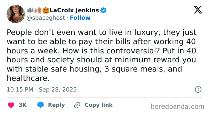 Tweet by LaCroix Jenkins discussing societal issues on stable housing, meals, and healthcare amid working 40 hours a week dystopic society
