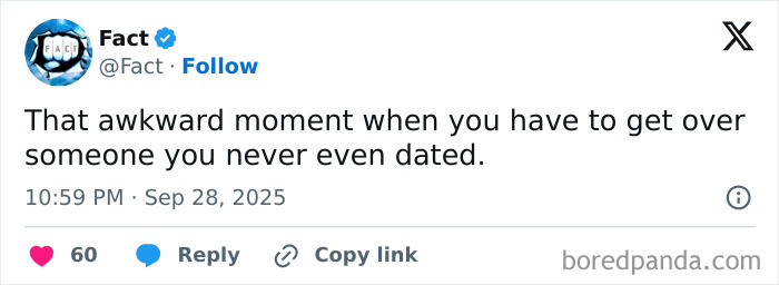 Tweet from Fact account showing a relatable awkward moment, illustrating specific moments in our lives that aren’t original experiences.