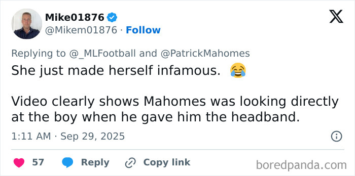 Twitter reply from user Mike01876 discussing Kansas City Karen incident involving a headband and Patrick Mahomes.