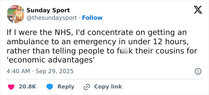 Tweet criticizing UK health guidance on marrying cousins, highlighting outrage over listed benefits and economic advantages.