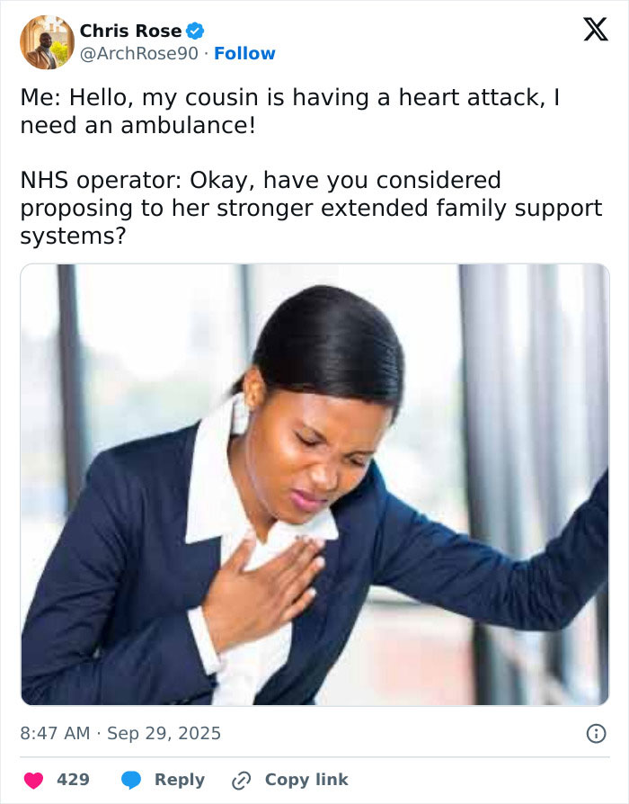 Woman clutching chest in apparent pain inside office, related to UK health guidance on benefits of marrying cousin.
