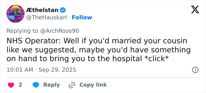 Screenshot of a tweet sarcastically referencing UK health guidance on the benefits of marrying your cousin.