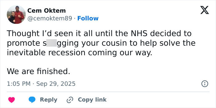 Tweet expressing outrage over UK health guidance listing benefits of marrying your cousin amid recession concerns.