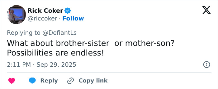 Tweet from Rick Coker discussing unconventional family relationship possibilities amid outrage over UK health guidance on cousin marriage benefits.