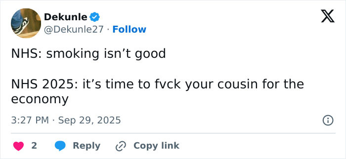 Tweet highlighting outrage over UK health guidance suggesting benefits of marrying your cousin, sparking public backlash online.