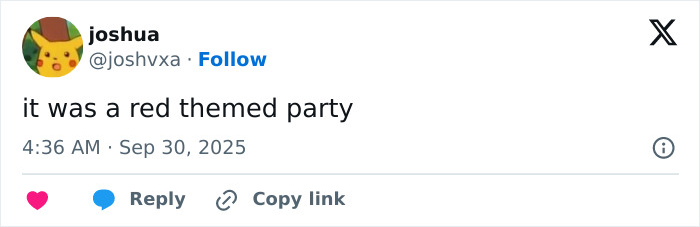 Tweet from user joshua mentioning a red themed party, related to red hat allegations involving a rapper and Sydney Sweeney.