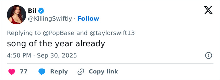 Screenshot of a tweet praising a song, related to Taylor Swift and backlash over leaked lyrics from The Life Of A Showgirl. Screenshot of a tweet praising a song, related to Taylor Swift and backlash over leaked lyrics from The Life Of A Showgirl.