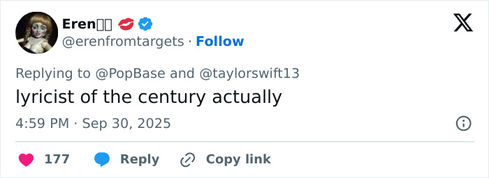 Screenshot of a tweet praising Taylor Swift as lyricist of the century amid tone deaf backlash over leaked lyrics. Screenshot of a tweet praising Taylor Swift as lyricist of the century amid tone deaf backlash over leaked lyrics.