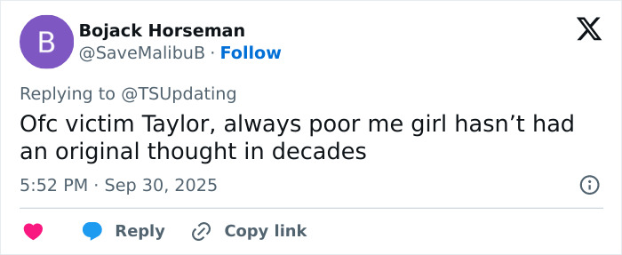 Screenshot of a tweet criticizing Taylor Swift with tone deaf backlash over leaked lyrics from The Life Of A Showgirl. Screenshot of a tweet criticizing Taylor Swift with tone deaf backlash over leaked lyrics from The Life Of A Showgirl.