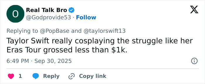 Screenshot of a tweet criticizing Taylor Swift amid backlash over leaked lyrics from The Life of a Showgirl. Screenshot of a tweet criticizing Taylor Swift amid backlash over leaked lyrics from The Life of a Showgirl.