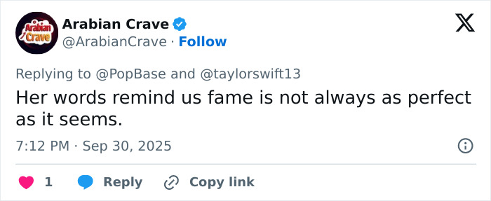 Tweet from Arabian Crave mentioning Taylor Swift lyrics sparking backlash over tone deaf comments in leaked showgirl content. Tweet from Arabian Crave mentioning Taylor Swift lyrics sparking backlash over tone deaf comments in leaked showgirl content.