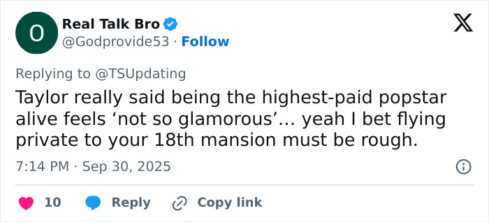 Tweet criticizing Taylor Swift’s leaked lyrics from The Life Of A Showgirl calling them tone deaf and controversial. Tweet criticizing Taylor Swift’s leaked lyrics from The Life Of A Showgirl calling them tone deaf and controversial.