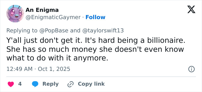 Twitter user responds to Taylor Swift, addressing the tone deaf backlash over leaked showgirl lyrics. Twitter user responds to Taylor Swift, addressing the tone deaf backlash over leaked showgirl lyrics.