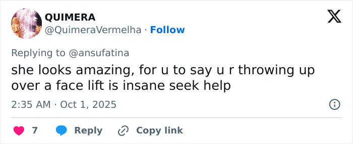 Social media comment discussing Emma Stone&rsquo;s Louis Vuitton photos amid plastic surgery speculation frenzy.