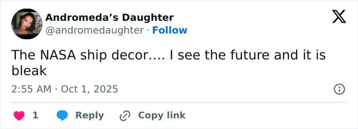 Screenshot of a tweet about the NASA ship decor, showing user commentary related to future outlooks.