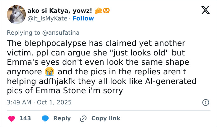 Tweet discussing Emma Stone Louis Vuitton photos sparking plastic surgery speculation with comments on eye shape changes.