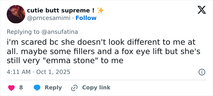 Tweet discussing Emma Stone's Louis Vuitton photos and sparking plastic surgery speculation about fillers and a fox eye lift.