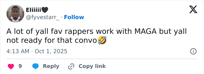 Tweet from user fyvestarr_ discussing favorite rappers and MAGA with laughing emoji in a social media post.