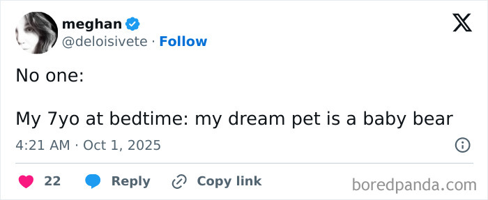 Screenshot of a humorous tweet from a parent on X about their 7-year-old’s bedtime dream involving a baby bear.
