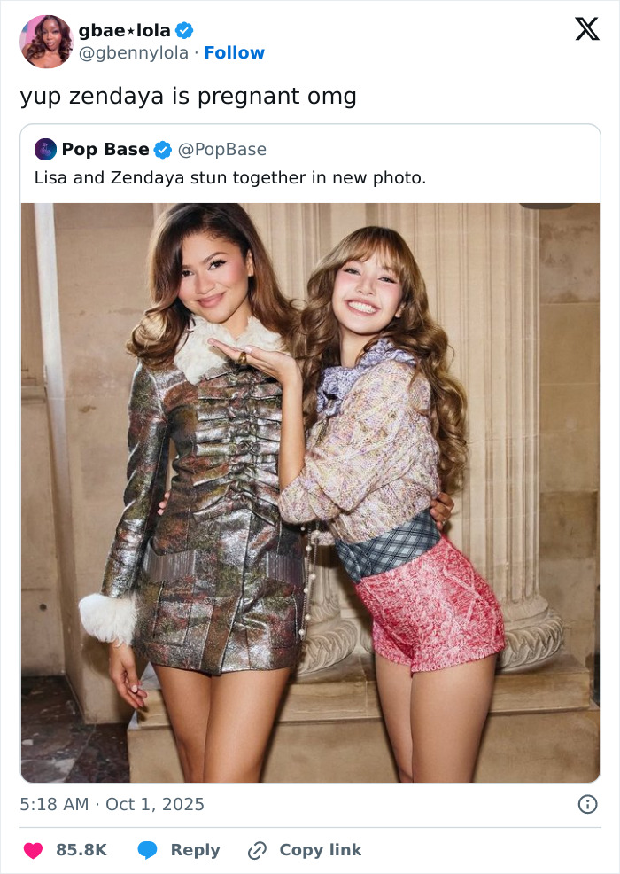 Zendaya and Lisa posing together in stylish outfits sparking Zendaya fans convinced she&rsquo;s pregnant rumors.