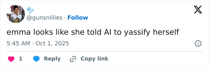 Screenshot of a tweet mentioning Emma Stone and plastic surgery speculation sparked by Louis Vuitton photos.