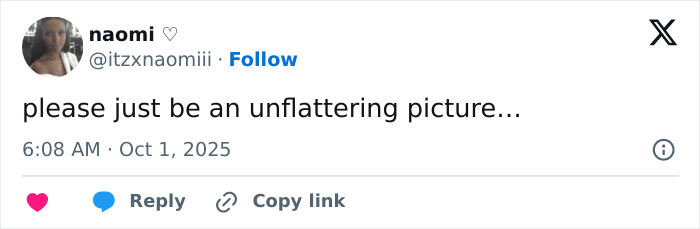 Twitter post by user naomi expressing hope the picture is unflattering amid Emma Stone Louis Vuitton plastic surgery speculation.