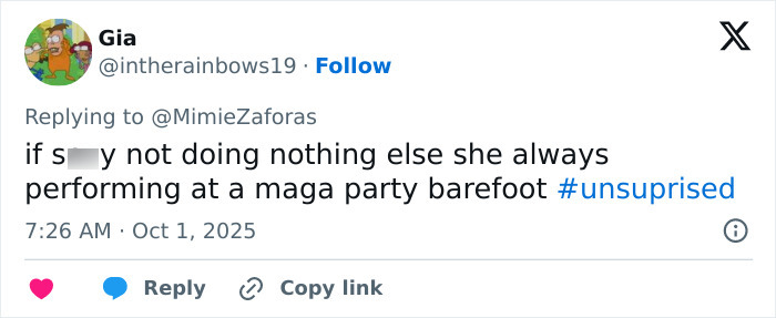 Tweet discussing rapper under fire for twerking with Sydney Sweeney at a MAGA party, expressing no surprise hashtag.