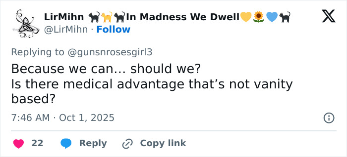 Tweet discussing the medical risks and vanity concerns of controversial eye color changing surgery.