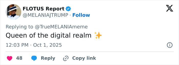 Screenshot of Melania Trump&rsquo;s tweet calling herself queen of the digital realm, related to AI video conspiracy theory.