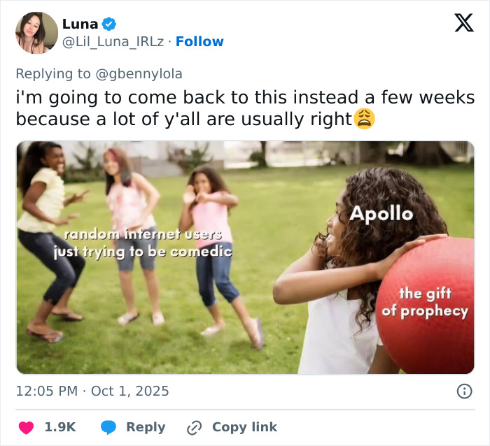 Children playing in a park with one girl holding a red ball symbolizing Apollo and the gift of prophecy.