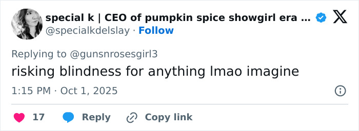 Actress sharing experience about controversial eye color surgery risking blindness in a candid social media post.