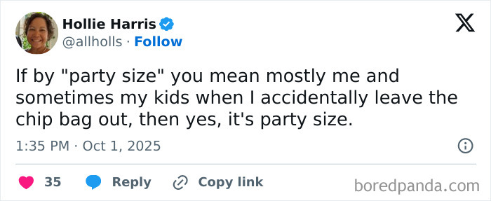 Tweet from a parent humorously describing party size as mostly themselves and kids after leaving a chip bag out.