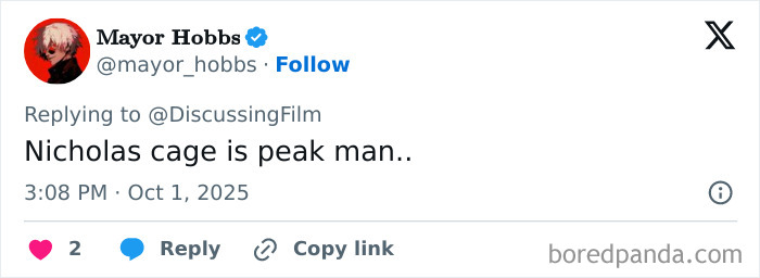 Tweet by Mayor Hobbs praising Nicolas Cage as peak man, sparking frenzy over his role as Jesus' dad in new horror film. Tweet by Mayor Hobbs praising Nicolas Cage as peak man, sparking frenzy over his role as Jesus' dad in new horror film.