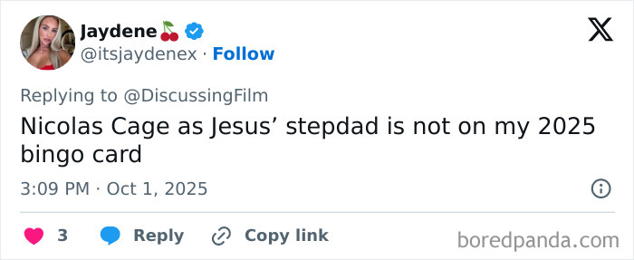 Screenshot of a tweet reacting to Nicolas Cage starring as Jesus’ stepdad in a new horror film, sparking a frenzy. Screenshot of a tweet reacting to Nicolas Cage starring as Jesus’ stepdad in a new horror film, sparking a frenzy.