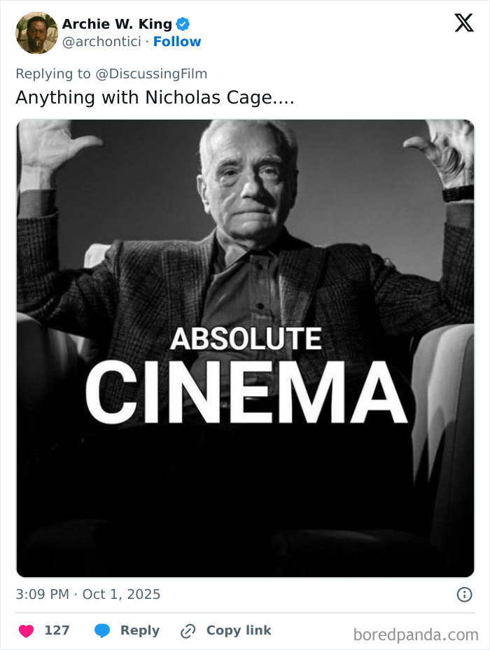 Black and white image of a man raising hands with text absolute cinema; Nicolas Cage sparks frenzy in new horror film. Black and white image of a man raising hands with text absolute cinema; Nicolas Cage sparks frenzy in new horror film.
