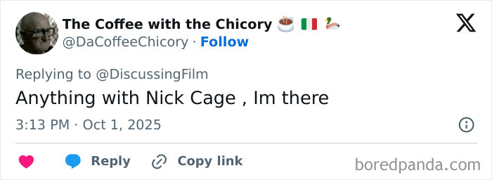 Nicolas Cage reacting in a tweet about starring as Jesus' dad in a new horror film sparking fan frenzy online Nicolas Cage reacting in a tweet about starring as Jesus' dad in a new horror film sparking fan frenzy online