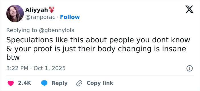 Tweet by Aliyyah responding to pregnancy speculations about Zendaya, debating body changes as proof, posted October 1, 2025.