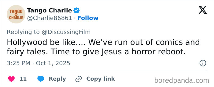 Tweet discussing Hollywood rebooting Jesus in a horror film, referencing Nicolas Cage as Jesus' dad and sparking frenzy. Tweet discussing Hollywood rebooting Jesus in a horror film, referencing Nicolas Cage as Jesus' dad and sparking frenzy.