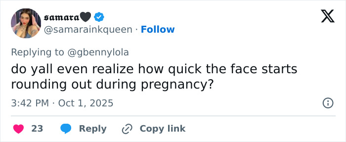 Twitter post discussing how a face changes shape by rounding out quickly during pregnancy among Zendaya fans.
