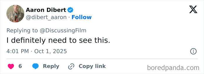 Twitter post by Aaron Dibert expressing excitement with the phrase need to see this about Nicolas Cage horror film role. Twitter post by Aaron Dibert expressing excitement with the phrase need to see this about Nicolas Cage horror film role.