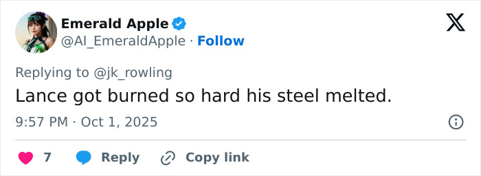 Tweet reply to J.K. Rowling from user Emerald Apple, humorously commenting on a bet about J.K. Rowling being a closet lesbian.