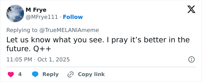 Screenshot of a Twitter reply discussing Melania Trump's bizarre AI video and referencing a major conspiracy theory.