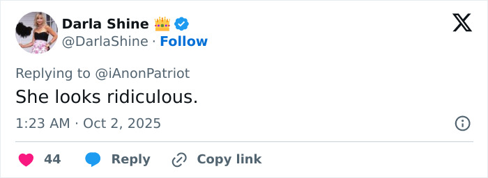 Tweet by Darla Shine reacting to Madonna&rsquo;s disheveled Paris appearance, expressing concern with a critical comment.