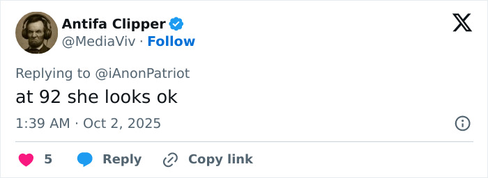 Tweet reply commenting on Madonna's disheveled Paris appearance in viral video, expressing concern about her look at 92.