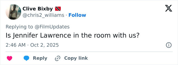 Social media post discussing Jennifer Lawrence causing a frenzy and arrest every plastic surgeon in LA debate.