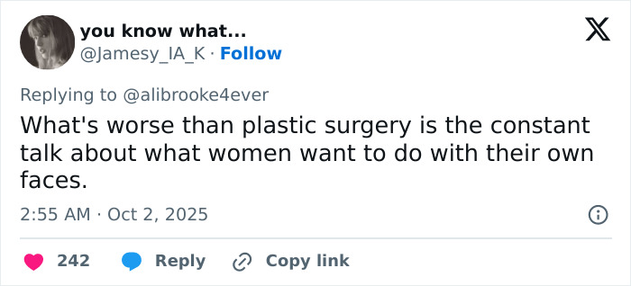 Social media post discussing opinions on plastic surgery and women&rsquo;s choices about their faces amid LA plastic surgeon debate.