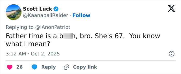 Tweet from Scott Luck responding to a comment, discussing Madonna&rsquo;s disheveled appearance in Paris at age 67.