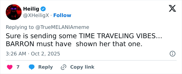Tweet discussing Melania Trump's bizarre AI video with references to time traveling vibes and conspiracy theory.