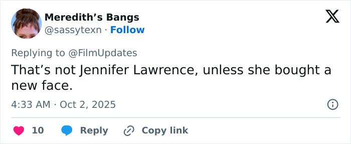 Tweet from Meredith&rsquo;s Bangs humorously questioning if a woman is Jennifer Lawrence amid a plastic surgeon frenzy in LA.